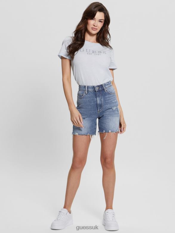 GUESS Women Eco 1981 Crystal Logo Tee Helium Apparel V28V61474