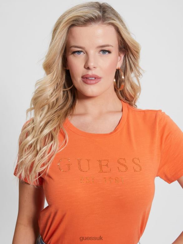 GUESS Women Eco 1981 Crystal Logo Tee Orange Slushie Apparel V28V61237