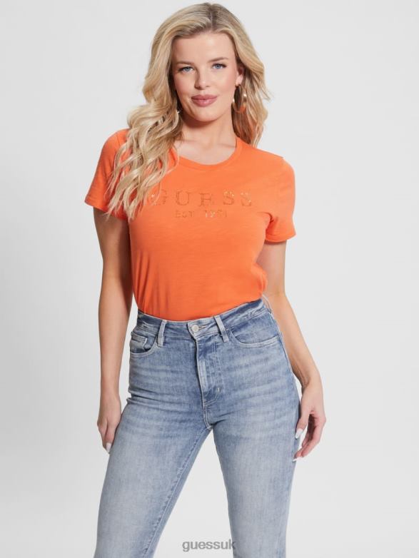 GUESS Women Eco 1981 Crystal Logo Tee Orange Slushie Apparel V28V61237