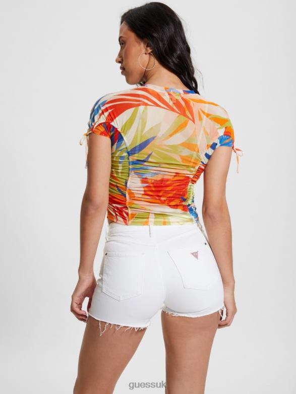 GUESS Women Eco Amaya Shirred Top Havana Print Apparel V28V6989