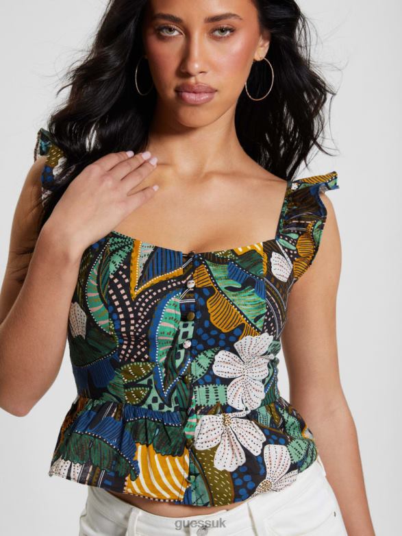 GUESS Women Eco Carine Peplum Top Tropical Traveler Apparel V28V6973