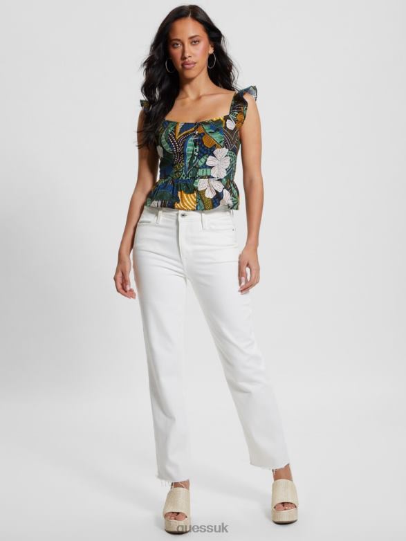 GUESS Women Eco Carine Peplum Top Tropical Traveler Apparel V28V6973