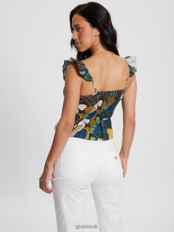 GUESS Women Eco Carine Peplum Top Tropical Traveler Apparel V28V6973
