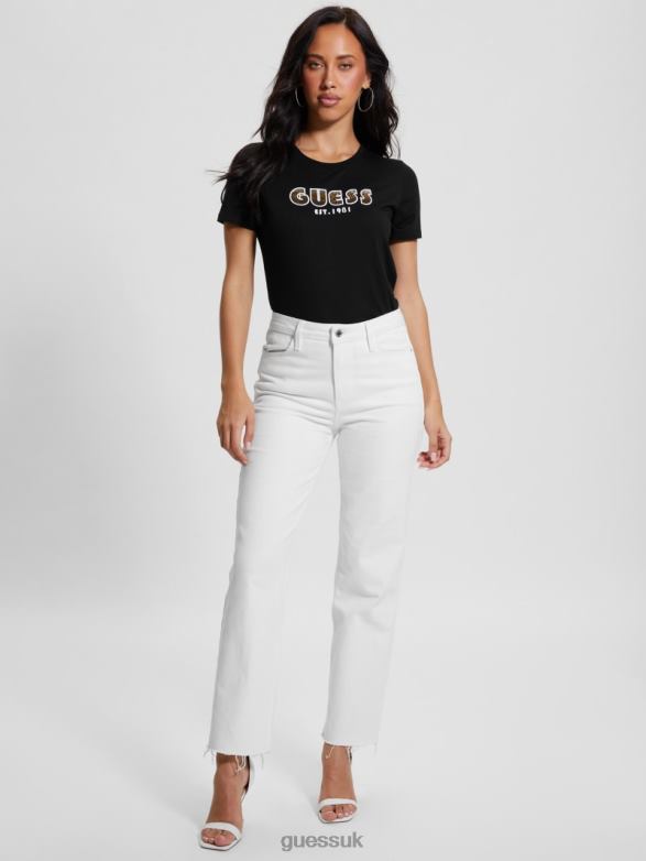 GUESS Women Eco Crewneck Rhinestone Logo Tee Black Apparel V28V61295