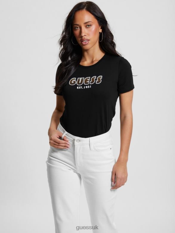 GUESS Women Eco Crewneck Rhinestone Logo Tee Black Apparel V28V61295