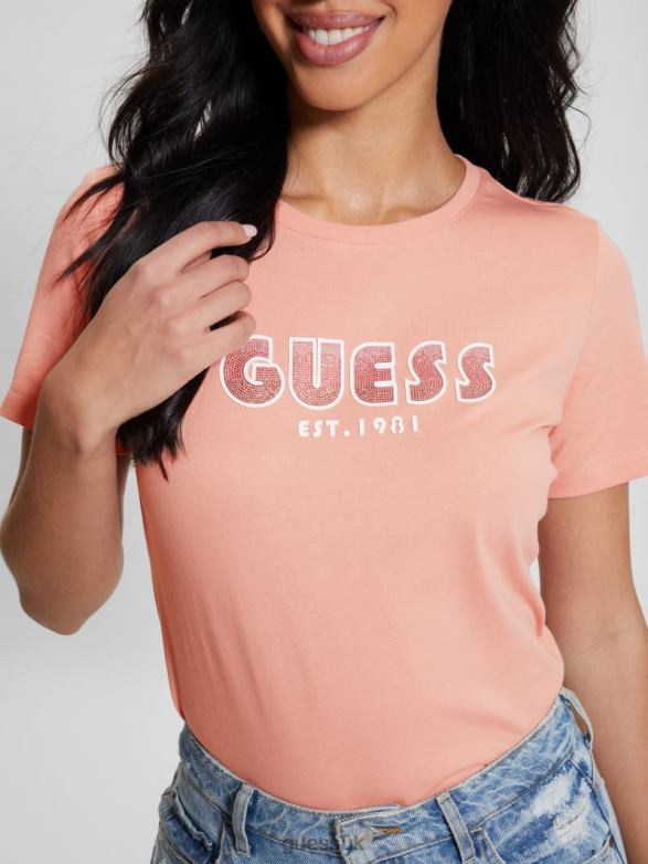 GUESS Women Eco Crewneck Rhinestone Logo Tee Powder Rose Apparel V28V6962