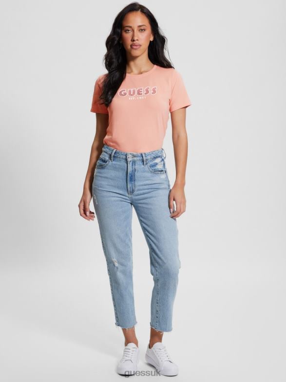 GUESS Women Eco Crewneck Rhinestone Logo Tee Powder Rose Apparel V28V6962