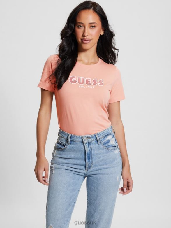 GUESS Women Eco Crewneck Rhinestone Logo Tee Powder Rose Apparel V28V6962