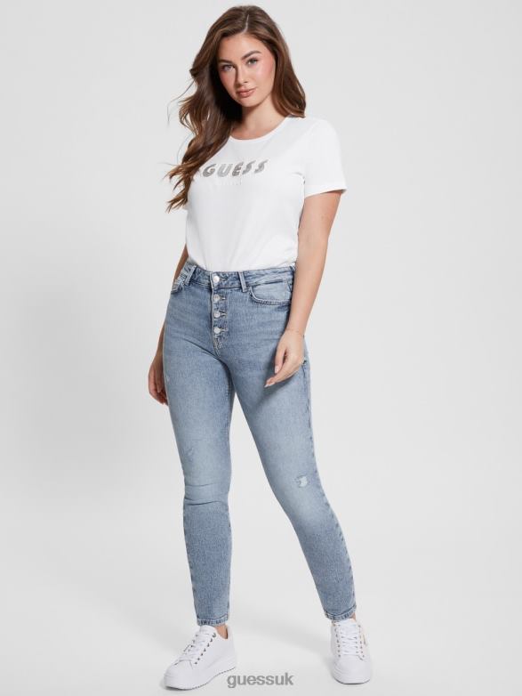 GUESS Women Eco Crewneck Rhinestone Logo Tee Pure White Apparel V28V61259