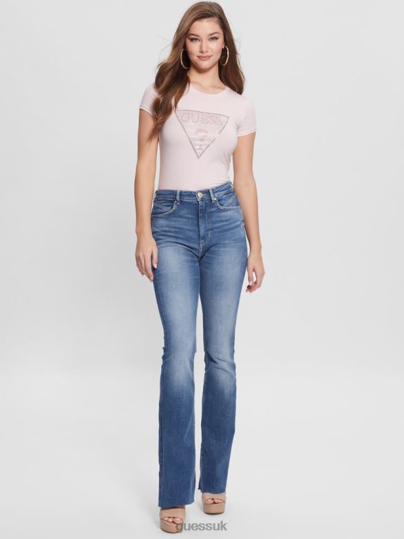 GUESS Women Eco Crystal Triangle Logo Tee Low Key Pink Apparel V28V61408