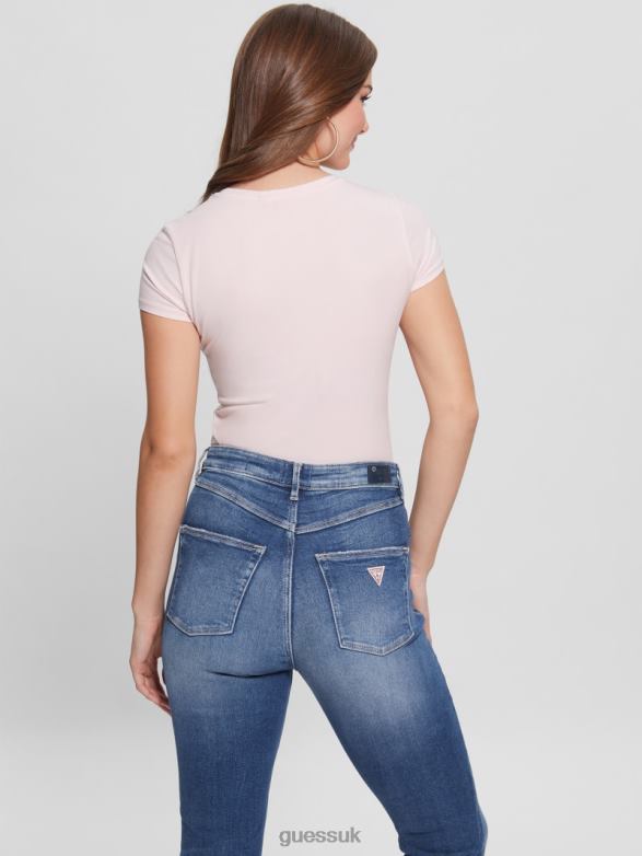 GUESS Women Eco Crystal Triangle Logo Tee Low Key Pink Apparel V28V61408