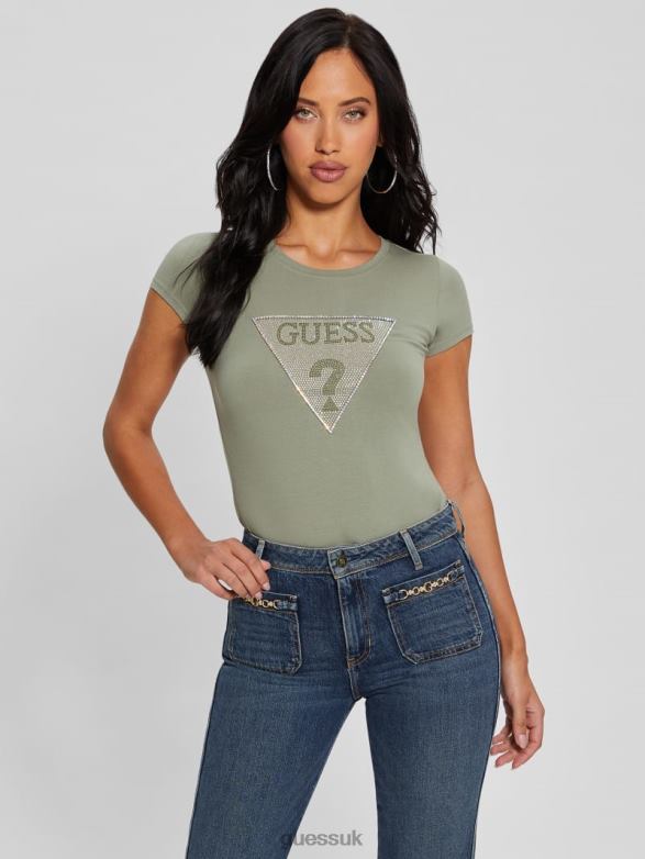 GUESS Women Eco Crystal Triangle Logo Tee Ocean Sage Apparel V28V61014