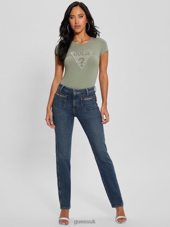 GUESS Women Eco Crystal Triangle Logo Tee Ocean Sage Apparel V28V61014