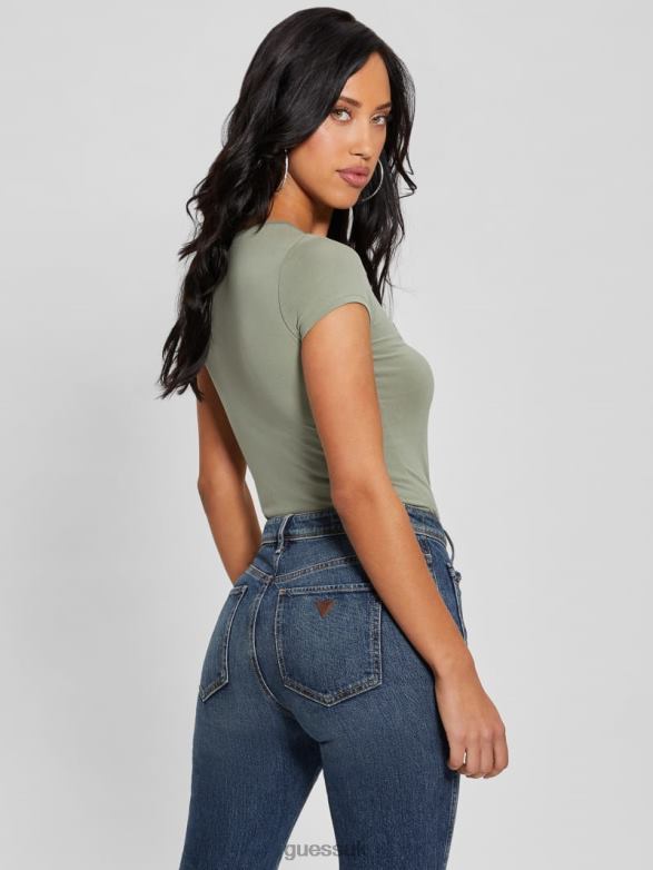 GUESS Women Eco Crystal Triangle Logo Tee Ocean Sage Apparel V28V61014