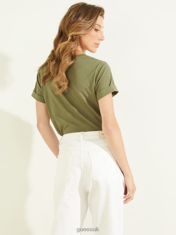 GUESS Women Eco Cuffed Logo Tee Army Sage Apparel V28V61686