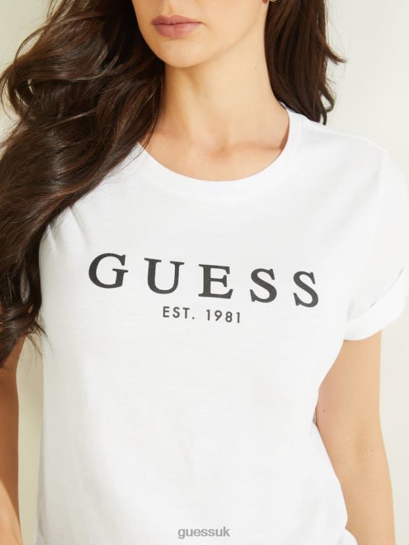 GUESS Women Eco Cuffed Logo Tee Pure White Apparel V28V61041