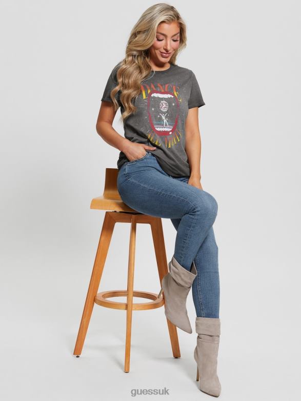 GUESS Women Eco Dance All Night Tee Jet Black Multi Apparel V28V6985