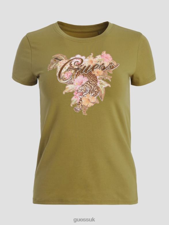 GUESS Women Eco Hibiscus Logo Tee River Mouth Green Apparel V28V61677