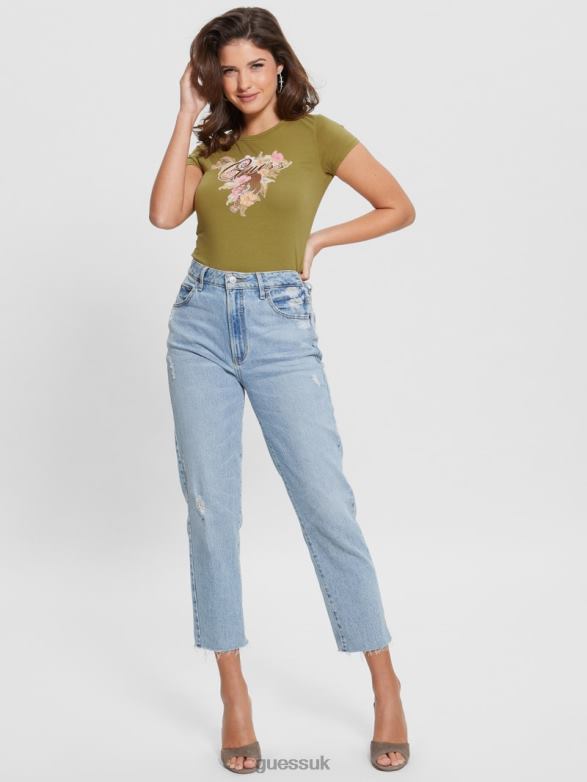 GUESS Women Eco Hibiscus Logo Tee River Mouth Green Apparel V28V61677