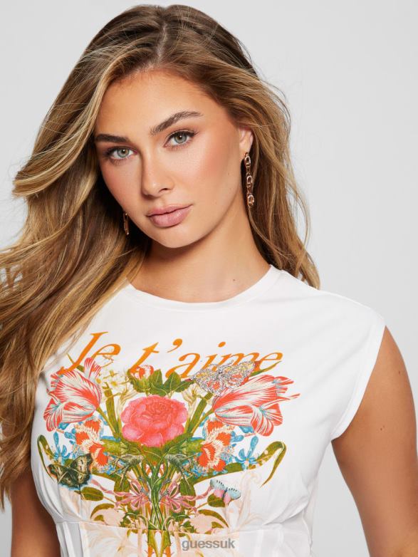 GUESS Women Eco Je T'aime Corset Tee Pure White Apparel V28V61047