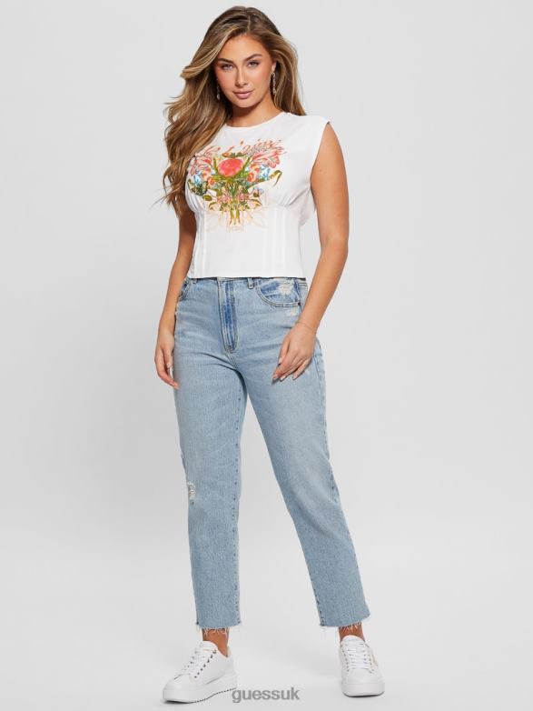 GUESS Women Eco Je T'aime Corset Tee Pure White Apparel V28V61047