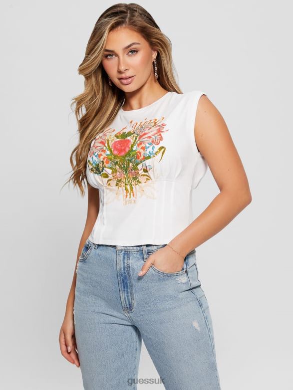 GUESS Women Eco Je T'aime Corset Tee Pure White Apparel V28V61047