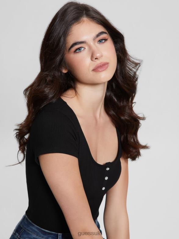 GUESS Women Eco Karlee Henley Tee Black Apparel V28V61090