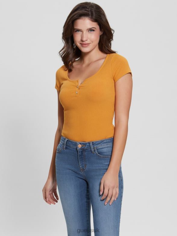 GUESS Women Eco Karlee Henley Tee Cargo Gold Apparel V28V61099