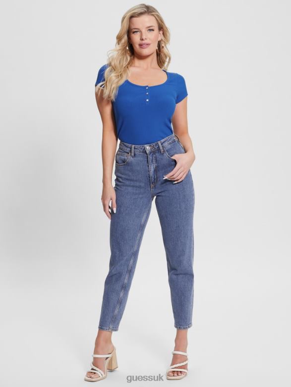 GUESS Women Eco Karlee Henley Tee Clearly Blue Apparel V28V61198