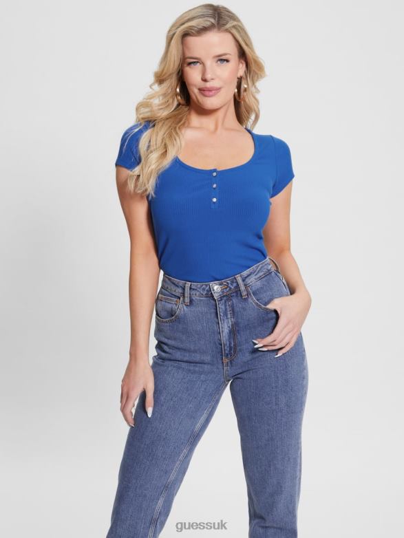 GUESS Women Eco Karlee Henley Tee Clearly Blue Apparel V28V61198