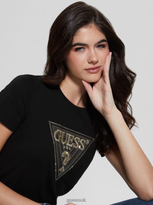 GUESS Women Eco Multi-Tone Sequin Logo Tee Black Apparel V28V61478
