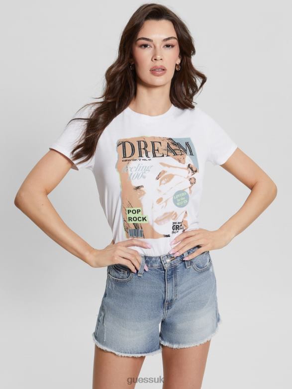 GUESS Women Eco Pop Dream Easy Graphic Tee Pure White Apparel V28V61671