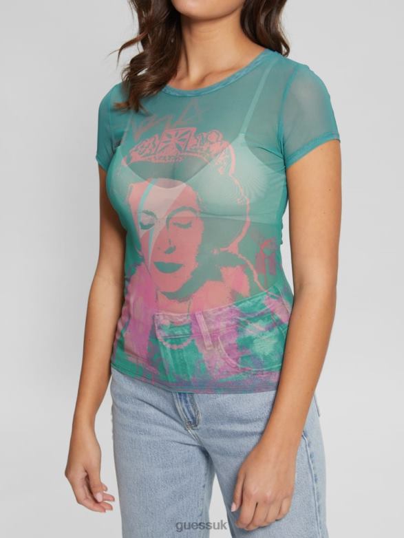 GUESS Women Eco Queen Graphic Mesh Tee Carribean Water Multi Apparel V28V61118