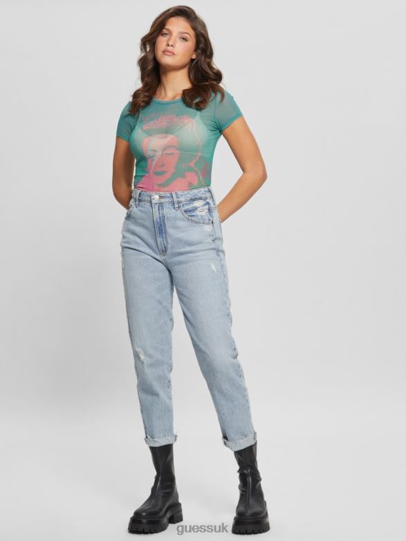GUESS Women Eco Queen Graphic Mesh Tee Carribean Water Multi Apparel V28V61118