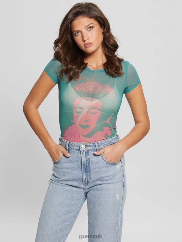 GUESS Women Eco Queen Graphic Mesh Tee Carribean Water Multi Apparel V28V61118