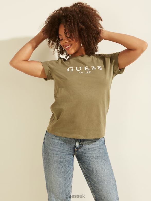 GUESS Women Eco Rolled Cuff Logo Tee Army Sage Apparel V28V61602