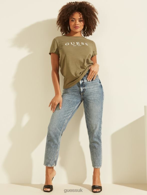 GUESS Women Eco Rolled Cuff Logo Tee Army Sage Apparel V28V61602