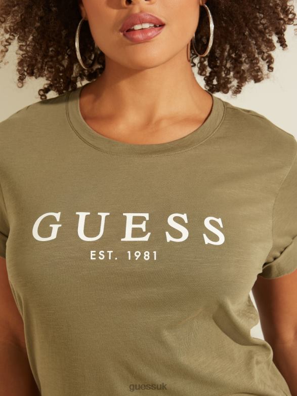 GUESS Women Eco Rolled Cuff Logo Tee Army Sage Apparel V28V61602