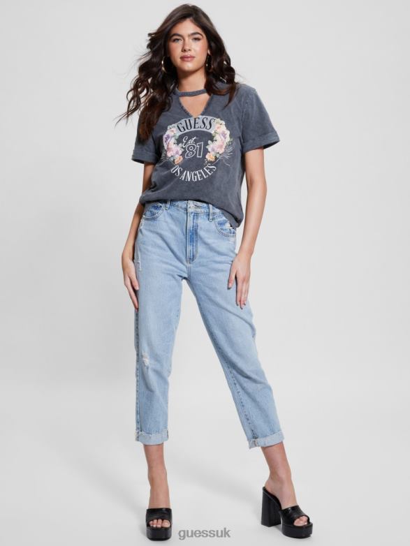 GUESS Women Eco Roses Tee Acid Jet Black Apparel V28V61101