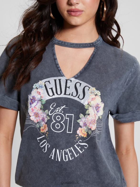 GUESS Women Eco Roses Tee Acid Jet Black Apparel V28V61101