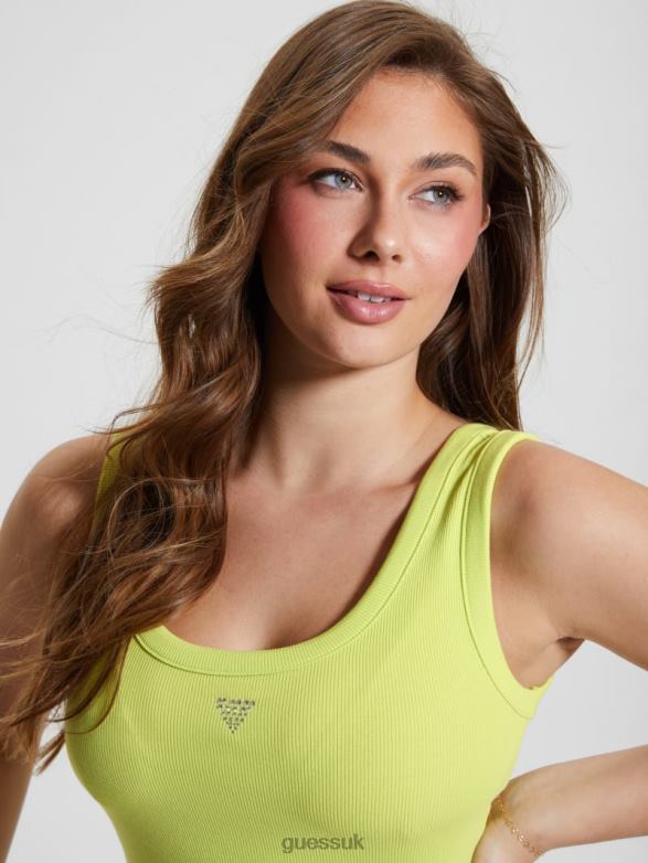 GUESS Women Eco Triangle Bling Ribbed Tank Dusty Kiwi Apparel V28V61023