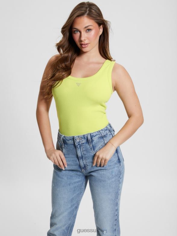 GUESS Women Eco Triangle Bling Ribbed Tank Dusty Kiwi Apparel V28V61023
