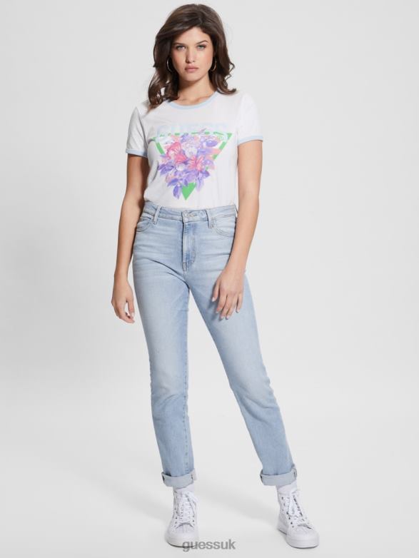 GUESS Women Eco Triangle Crewneck Bouquet Tee Pure White Apparel V28V61301