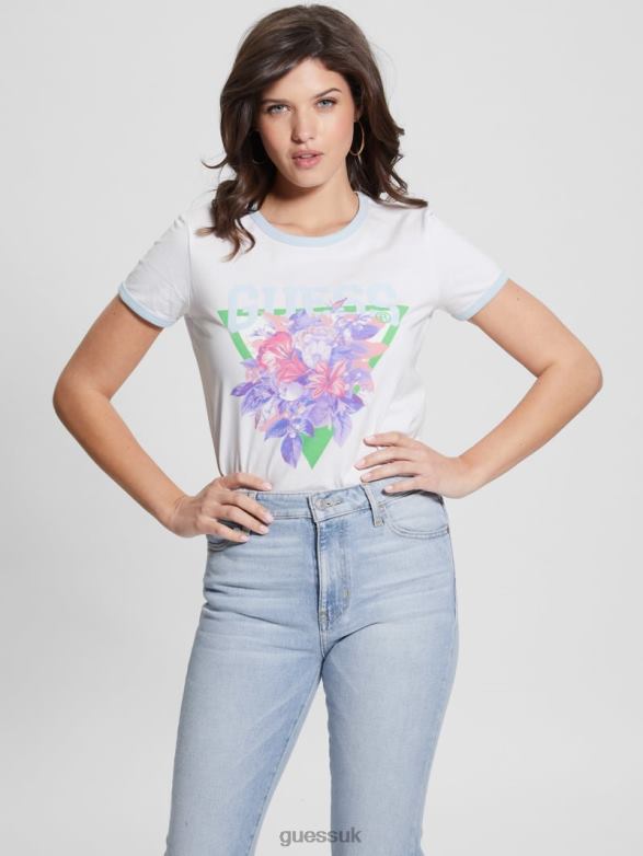 GUESS Women Eco Triangle Crewneck Bouquet Tee Pure White Apparel V28V61301