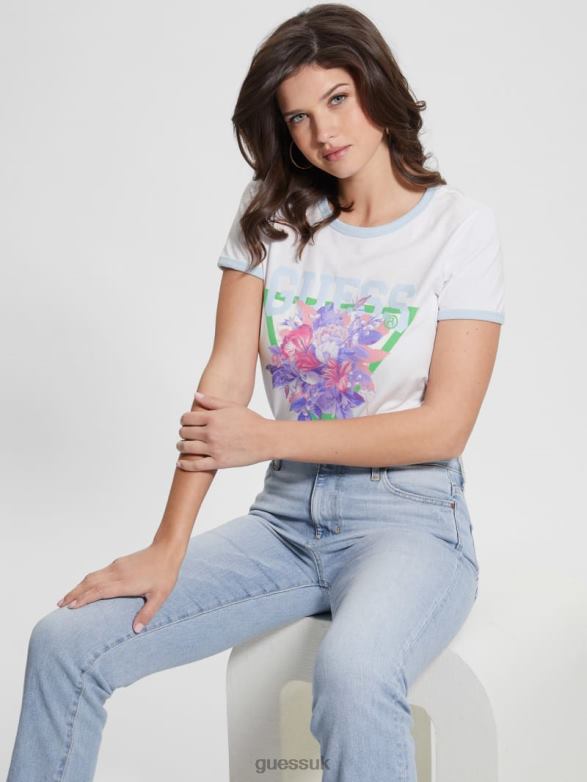 GUESS Women Eco Triangle Crewneck Bouquet Tee Pure White Apparel V28V61301