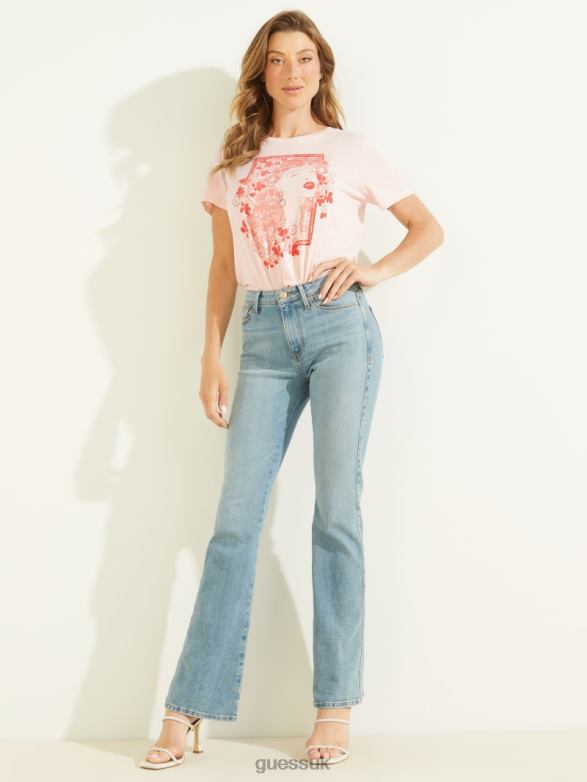 GUESS Women Flocked Floral Tee Calm Pink Apparel V28V61710