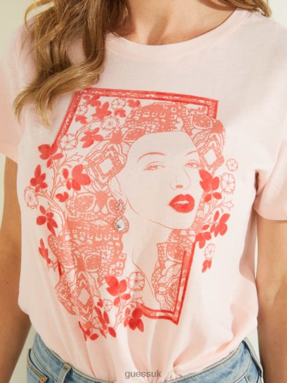 GUESS Women Flocked Floral Tee Calm Pink Apparel V28V61710
