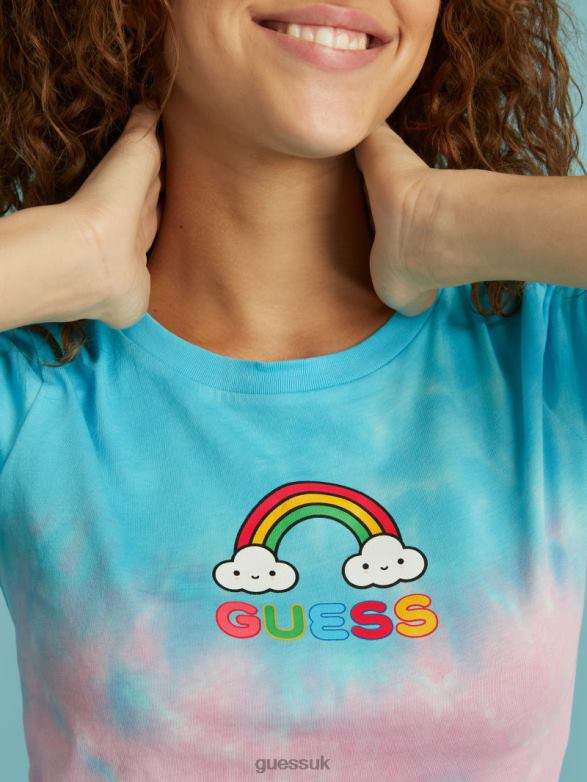GUESS Women FriendsWithYou Tie-Dye Baby Tee Fwy Neon Blue Multi Apparel V28V61312