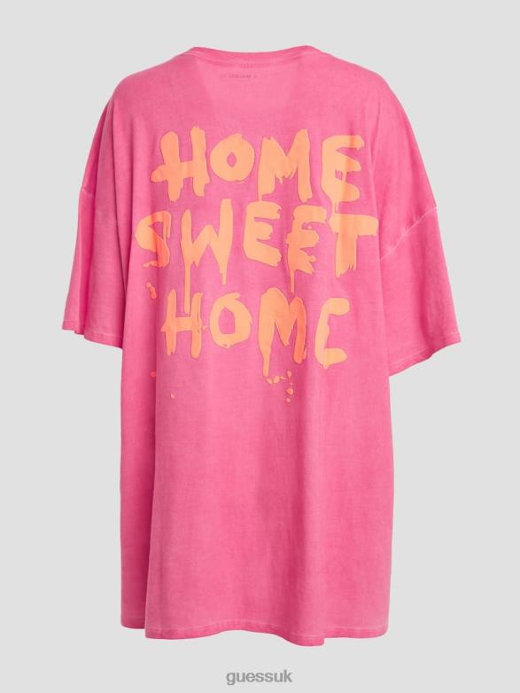 GUESS Women Home Sweet Home Lounge Tee Striking Fuchsia Pink Mul Apparel V28V61037