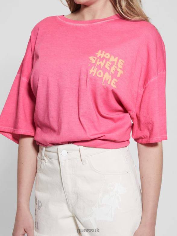 GUESS Women Home Sweet Home Lounge Tee Striking Fuchsia Pink Mul Apparel V28V61037